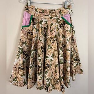 Handmade floral rose &  skull mini pleated full skirt SZ 28” waist